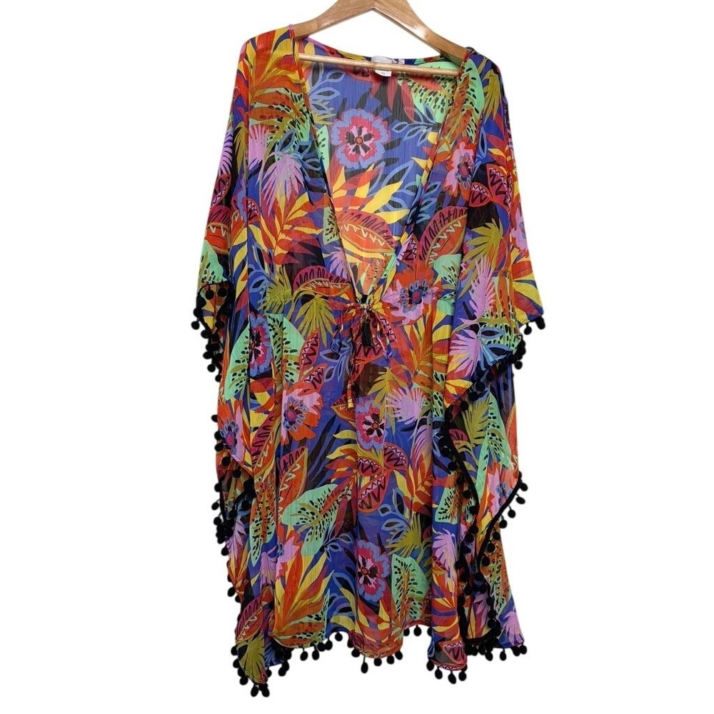 Bleu Rod Beattie Womens 2X Tropical Floral Kaftan Swim Cover Up Pom Pom Tassel